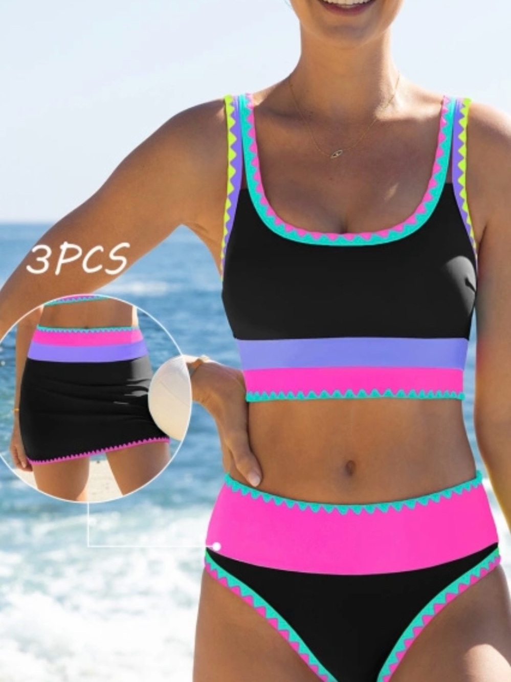 Popvil Three-Piece Black & Pink Women’s Swim Set with Colorful Trim